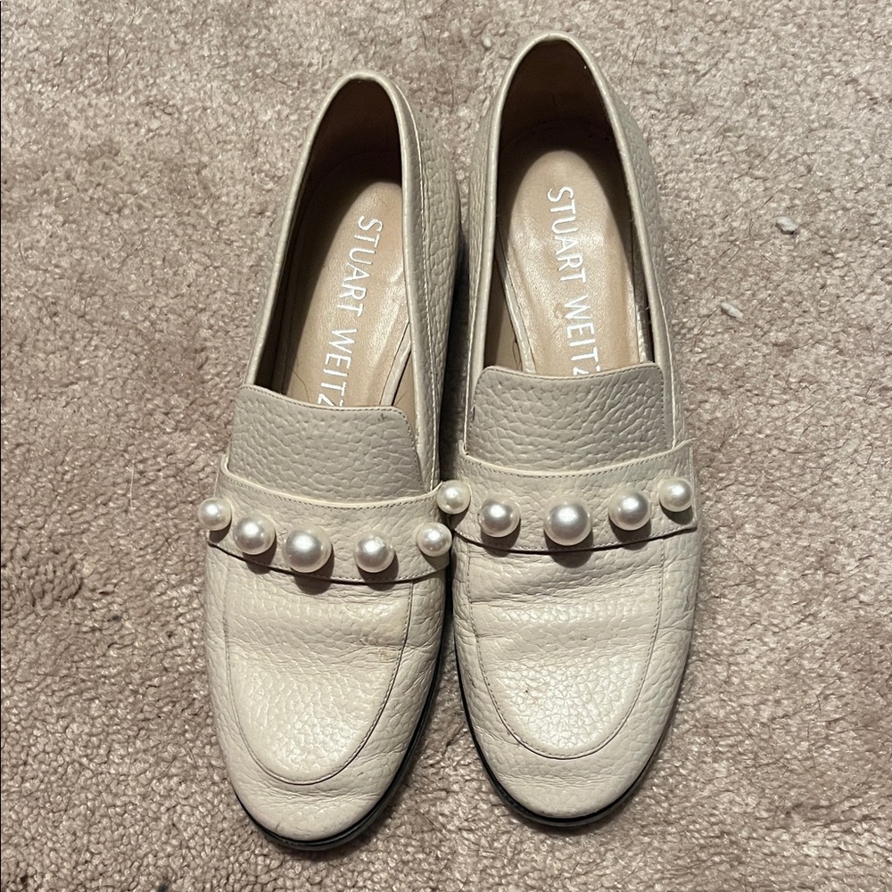 Stuart Weitzman Ivory Loafers with Pearl Accents